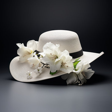 a hat adorned with delicate white flowers sits atop a white background, captured in stunning detail with the hasselblad h6d-400c camera. this photo showcases the hat in the style of realistic still lifes, featuring dramatic lighting that adds depth and intrigue. inspired by the mori kei fashion trend, the image explores the concepts of collecting and modes of display. the high-resolution uhd image was createdの素材