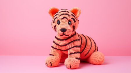 crochet tiger on pink background, isolated on white. the adorable toy sculpture showcases a characterful animal portrait with bold, black lines. in the style of dark orange and light indigo, this nature-based pattern adds a touch of soft-focus to the image. perfect for object portraiture specialists and fans of cute and bold crochet creations. ai generatedの素材