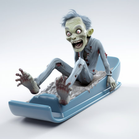 a zombie character with hair sits on a sled, showcasing angular dramatism. the image captures the essence of auto body works and is reminiscent of the artistic style of john wilhelm. the background features elaborate spacecrafts, while the color palette consists of light navy and light azure. the attention to detail and exacting precision in this artwork is truly remarkable, making it a standout piece.の素材