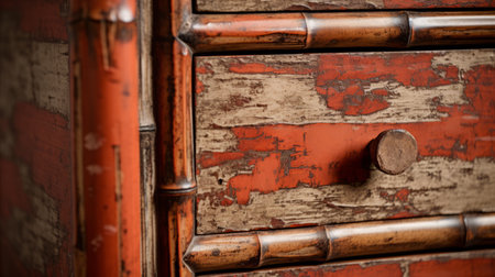 asian antiqued iron dresser for sale, featuring a distressed vintage style with realist detail. the dresser showcases a combination of light crimson and orange hues, as well as light red and dark orange tones. the close-up intensity highlights the earthy naturalism and hard edge painting, while maintaining an unpolished authenticity. ai generatedの素材