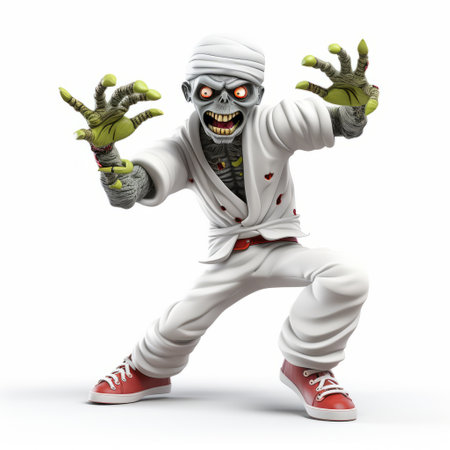 a black and white rendering of a zombie character with a face tattoo. the photo showcases the character's dynamic pose and colorful costume, capturing the essence of terrorwave and street-savvy aesthetics. the 3d effect adds depth to the image, while the white and bronze tones create a striking contrast. this breakdance photography captures the unique essence of the zombie character. ai generatedの素材