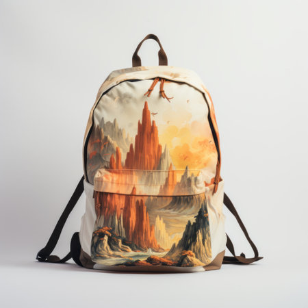a backpack featuring a stunning image of mountains and sunset, inspired by the artistic styles of roger dean, miss aniela, and frank frazetta. the design showcases earth tones, isolated landscapes, and intricate architectonic motifs, creating a visually captivating and unique accessory. ai generatedの素材