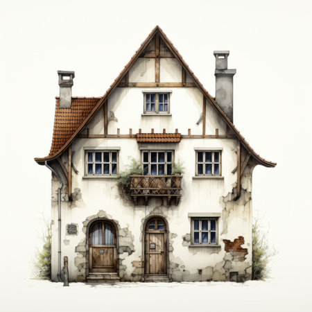 an old house with a balcony and window is depicted in this illustration, showcasing a realistic and hyper-detailed rendering style. the artwork draws inspiration from various sources such as the brothers grimm, florian nicolle, detailed character design, janek sedlar, sculpted elements, and germanic art. ai generatedの素材