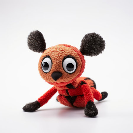 a close-up photograph of a plush ant stuffed animal, showcasing its charm and character. the toy is placed on a pristine white background, highlighting its features. the attention to detail, texture, and lighting make the ant appear soft and huggable. the composition brings out the playful and endearing nature of this cuddly toy, creating an inviting and heartwarming image. ai generatedの素材