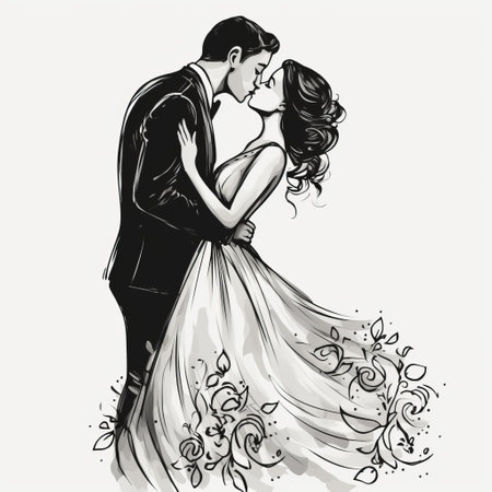 a black and white drawing of a wedding dress, showcasing a romantic conception. the dignified poses and romantic scenes are beautifully captured in this ink painting. the charming characters and airbrush art add to the overall allure of this illustration, making it a captivating piece. ai generatedの素材