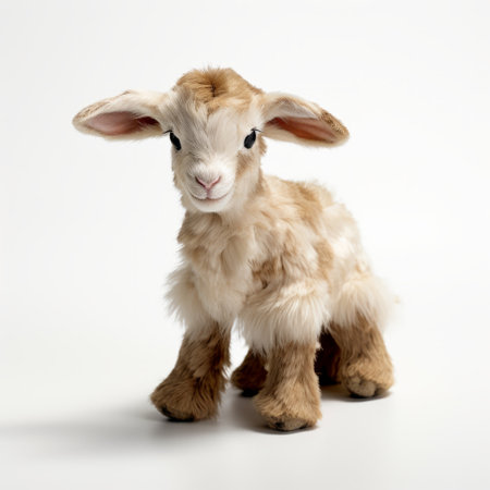 plush goat stuffed animal: a close-up photograph showcasing the charm and character of a huggable toy. placed on a pristine white background, the attention to detail, texture, and lighting highlights the softness of the goat. the composition captures the playful and endearing nature of this cuddly toy, creating an inviting and heartwarming image. ai generatedの素材
