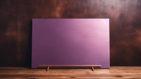 purple metallic panel on wood floor against a white wall. this stock photo captures the essence of a surrealist landscape painter with its minimalist staging and photorealistic still life. the dark pink and bronze hues create a striking contrast in this hard-edge color field. the depiction of theater is enhanced by the smokey background, adding depth to the composition. ai generatedの素材
