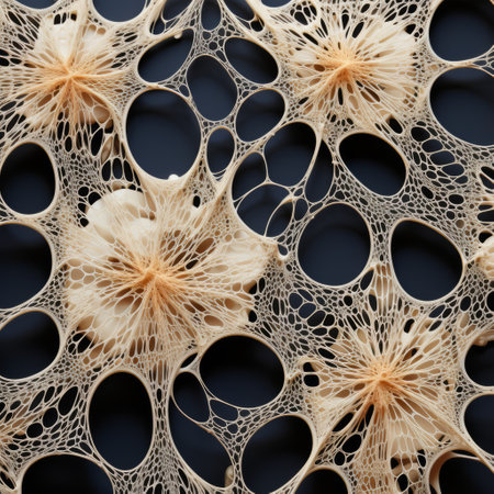 a small amount of net made with natural tissue is depicted in this surreal photo. the organic forms are intricately crafted with delicate paper cutouts, creating detailed and layered compositions. the dark navy and light gold colors add depth to the 8k resolution image, while the light orange and light beige hues enhance the intricate and detailed compositions. ai generatedの素材