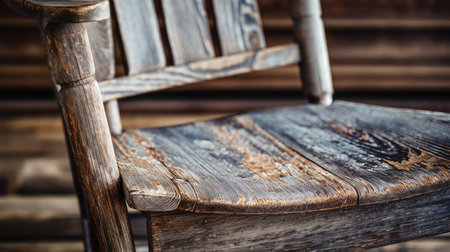 a close-up shot of a distressed and weathered wooden chair on a wooden floor. the chair features rounded edges and has been post-processed to enhance its light indigo and dark gray tones. inspired by folklore, the chair's light gray and amber accents add a touch of rustic charm to the overall aesthetic. ai generatedの素材