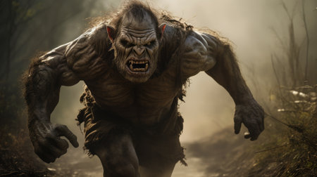 a fierce creature with claws stands in a forest, exuding a powerful presence. the image captures the essence of action-packed scenes and grotesque satire, with a strong facial expression. the backlighting adds a dramatic touch to the dark beige and red tones. this raw character evokes the style of filmmaker zack snyder. ai generatedの素材