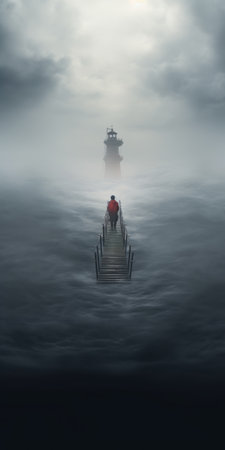 a pier in the ocean captured by nehal khan on 500px. this hauntingly beautiful photo showcases a dutch genre scene with a mix of dark red and light gray tones. the powerful and emotive portraiture of the pier creates a surreal 3d landscape reminiscent of dutch landscapes. shot with a sony alpha a7 iii. ai generatedの素材