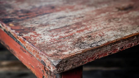 an old wooden table in a park, captured in a close-up shot with the tokina opera 50mm f14 ff lens. the table showcases abundant paint, reminiscent of the qing dynasty era. its light red and white colors add a touch of vibrancy. the craftsmanship reflects the traditional style of piet hein eek, reminiscent of the works of jean-francois millet. ai generatedの素材