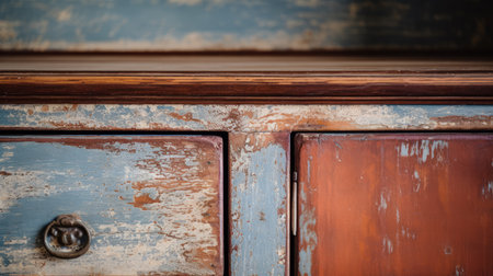 a close-up photo of a dresser showcasing rustic charm with scratches and stains. the dresser is styled in a combination of light indigo and orange, reminiscent of post-modern deconstruction. the image also incorporates elements of the heian period, with a focus on light maroon and light blue hues. the composition is enhanced through focus stacking techniques. ai generatedの素材