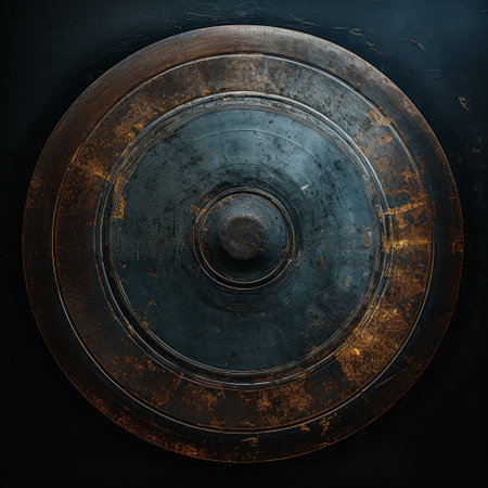 circular metal in a dark gray color, resembling post-apocalyptic backdrops, is depicted in this photo. the style is reminiscent of historical paintings, with hints of dark cyan and bronze. the use of unreal engine brings a touch of realism to the image, while also evoking the essence of the han dynasty. this photo captures a unique blend of historical documentation and the ruggedness of leatherhide.の素材