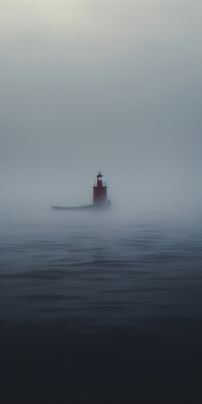 a blue boat floats in the ocean, accompanied by a majestic lighthouse. this misty gothic scene, captured in the style of the dusseldorf school of photography, showcases light red and amber hues. the subtle lighting contrasts add to the allure of the image, while the mysterious backdrop evokes a sense of midwest gothic. this captivating photo is presented in stunning 8k resolution. ai generatedの素材