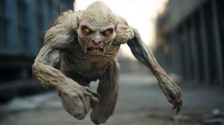 a zombie, in the style of unreal engine 5, is captured in this close-up stock photo. walking through the streets, the image showcases the primordial creatures of goblin academia. with heavily textured details, the dark beige and white tones add to the eerie atmosphere. photographed by magali villeneuve. ai generatedの素材