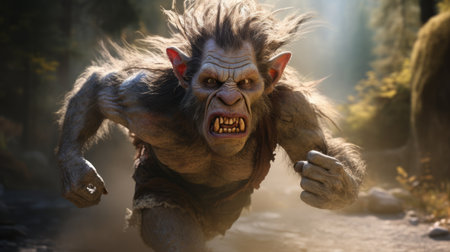 a furious werewolf, depicted with photorealistic detail, is captured running through a forest in this vray tracing style artwork. the grotesque caricatures and explosive pigmentation add a touch of goblin academia to the scene. this villagecore-inspired image emphasizes emotion over realism, creating a captivating and intense visual experience. ai generatedの素材