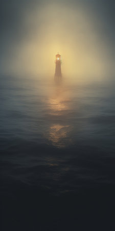 a taiwanese lighthouse stands tall against the backdrop of the ocean in this captivating photo by kyle. the soft, atmospheric lighting creates a mysterious mood, enhanced by the dark silver and yellow tones. the photobashing technique adds a touch of surrealism to the minimalistic and misty gothic scene, with a mesmerizing backlight adding to the overall allure. ai generatedの素材