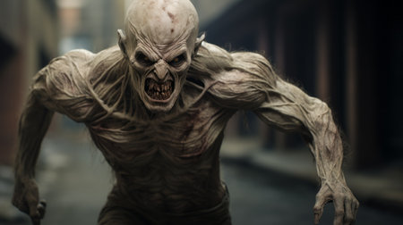 a zombie, depicted in the style of zbrush, is captured in a close-up shot as it runs down a city street. the dark, white, and beige tones enhance the eerie atmosphere, while the strong facial expression adds to the intensity. this national geographic photo showcases the supernatural creature, merging elements of goblin academia. ai generatedの素材