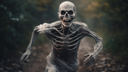 a skeleton dashes through a dimly lit forest path, showcasing hyper-realistic details and dynamic facial expressions. this captivating photograph, created by marcin sobas, features a unique blend of creased textures and tabletop photography techniques. the grayscale and bronze tones add depth and intrigue to this mesmerizing image on sketchfab. ai generatedの素材