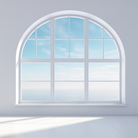 a room with an arched window overlooking the ocean. the room is designed in a contemporary style with light sky-blue and light white colors. the window is made of contemporary glass, providing a clear view of the ocean. the white background adds a neoclassical touch to the room. the overall ambiance is joyful, optimistic, and sculpted, creating a sanctuary-like atmosphere. ai generatedの素材
