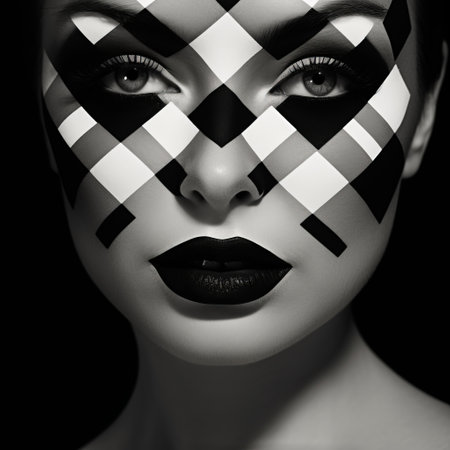 a young woman with a black and white plaid face painting and black eyeliner on her eyes. the style of the makeup is inspired by geometric abstraction, with a dark tonality. the bold fashion photography captures the sculptural expression of the face, with crossed colors and monochromatic shadows. the overall effect is reminiscent of fragmented advertising. ai generatedの素材