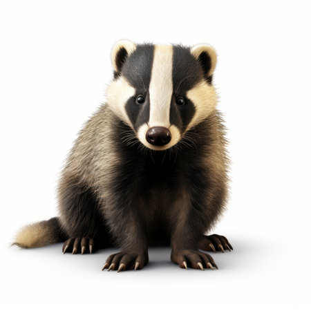 a badger stands in front of a white background in this photorealistic rendering. the image has been cross-processed, resulting in a hyperrealistic rendering with a light magenta and dark gold color palette. this captivating photo, found on flickr, is associated with the press and has an isometric perspective. ai generatedの素材