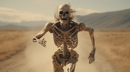 a hyperrealistic anthropological uhd image capturing a smiling skeleton running down the road, reminiscent of the desertwave style. the detailed rendering, influenced by the works of dimitry roulland and annie leibovitz, showcases the intricate details of the skeleton's expression. this captivating image is brought to life with the use of octane render technology. ai generatedの素材