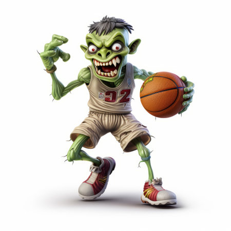 a basketball player zombie showcasing intense movement expression in a cartoonish and playful style. this artwork by john wilhelm from goblin academia captures the accurate and detailed features of the character, with strong facial expressions. the dark white and light green tones add to the overall eerie yet captivating vibe of the image. ai generatedの素材