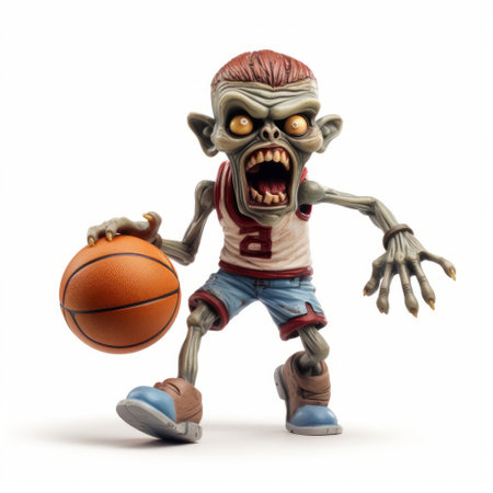 a zombie-like figure with a basketball ball, depicted in a dynamic and action-packed cartoon style. this realistic and hyper-detailed rendering showcases the charm of character illustrations, reminiscent of xbox 360 graphics. this associated press photo captures the essence of kidcore with its charming and captivating visuals. ai generatedの素材