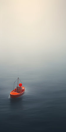 an orange boat gracefully glides on the misty water, showcasing photorealistic details and a touch of industrial surrealism. this minimalistic portrait captures the essence of light cyan and red hues, emphasizing the solitary presence of the boat. the soft and dreamy depiction adds a sense of tranquility to the monochromatic depth of the scene. ai generatedの素材