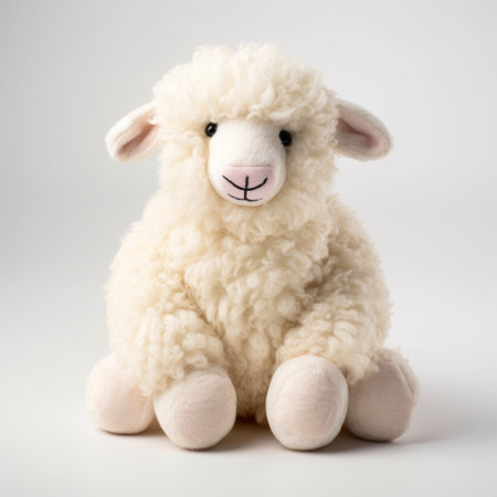 plush sheep stuffed animal: a close-up photograph showcasing the charm and character of a huggable sheep toy. placed on a pristine white background, the image highlights the softness and texture of the plush. with careful attention to detail, lighting, and composition, this heartwarming picture captures the playful and endearing nature of the cuddly sheep. ai generatedの素材