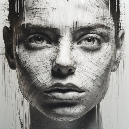 black and white photography of a woman holding a wire, showcasing a realistic hyper-detailed rendering. the image captures strong facial expression and fragmented figures, with textured surface layers and detailed brushstrokes adding depth to the portrait. ai generatedの素材