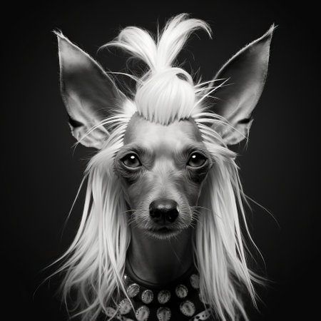 a female dog wearing a colorful wig stands out against a black background in this detailed monochrome photograph. the image captures the essence of fantasy characters and exotic realism, reminiscent of the artistic styles of fawncore, sacha goldberger, and lady gaga. the symmetrical asymmetry adds an intriguing element to the overall composition. ai generatedの素材