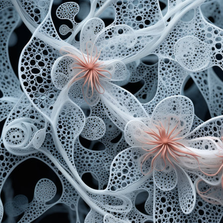 pink floral patterns on a grey background resembling molecular structures. interlacing artifacts and layered fibers create an illusion of three-dimensionality. the dark white and blue hues add depth to the ethereal foliage. this closeup photo was developed using the caffenol method. ai generatedの素材