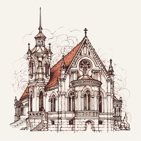 a black and white sketch of an old church, showcasing the intricate details of its architecture in the art nouveau decorative style. the light amber and red hues add a touch of warmth to the precise and detailed hand-drawn elements. this regional gothic masterpiece is a perfect example of detailed perfection, with its marble accents and meticulous attention to architectural intricacies. ai generatedの素材