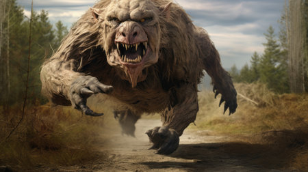 a big scale monster, resembling a goblin, is captured in this hyper-detailed rendering. the intense action unfolds as the monster charges up a hill, with a strong facial expression conveying its determination. this national geographic-style photo showcases the brutal and realistic depiction of this cranberrycore creature in a thrilling real-life scenario. ai generatedの素材