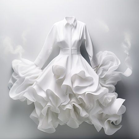 3d printed model of an elegant dress with flowing fabrics, inspired by the whimsical illustrations of carl kleiner and kazuki takamatsu. the dress showcases a blurred, dreamlike atmosphere with light white and white tones, resembling simplistic vector art. ai generatedの素材