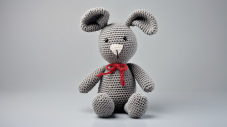 a crochet stuffed animal, in the style of matte photo, sits on an old gray background at a desk. it is adorned with a red ribbon, giving it a sleek and stylized appearance. the bunnycore design is repetitive, smooth, and shiny, showcasing its highly detailed craftsmanship. this mono-ha creation is a captivating blend of art and craft. ai generatedの素材