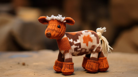 stuffed animal toy placed on the floor, showcasing an antique wooden frame adorned with knitted and crocheted designs. the artwork features a combination of dark orange and light brown colors, depicting cowboy imagery. the unique style resembles the glasgow style, incorporating elements of sumatraism and iterative patterns. ai generatedの素材