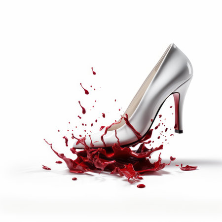 the shoe, with its light gray and silver design, showcases a highly staged scene featuring fragmented advertising and whiplash curves. dripping red colored liquid adds a captivating element to this barbiecore-inspired image. the commercial imagery and contest winner vibes make this photo a standout. ai generatedの素材
