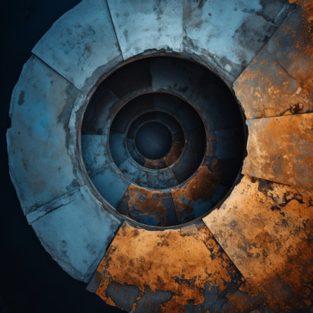 a photo of a stair with a rusty blue, yellow, white, and brown spiral pattern. the stair is made of concrete and has an industrial machinery aesthetic. the style of the photo is reminiscent of michal karcz, with an anamorphic lens capturing the dark azure and orange tones. the atmosphere is filled with crystalline and geological forms, enhanced by the use of a rangefinder lens.の素材