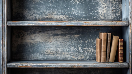 blue rustic wooden book holder with four books on it, placed against a blue wall adorned with blue shutters. the grungy textures, dark silver, and light gold accents create a unique style. the wallpaper features drips and splatters, adding to the overall aesthetic. with selective focus, this image combines a mix of masculine and feminine elements, showcasing an industrial decay vibe. ai generatedの素材