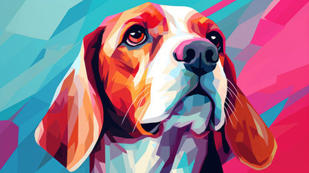 a beagle puppy portrait painting video tutorial showcasing a 3d artwork. the painting is done in the style of colorful futurism, incorporating bold graphic design elements. the artwork is digitally enhanced, resulting in vibrant murals. geometric shapes and patterns are used to create decorative paintings with a cross-processing effect. ai generatedの素材