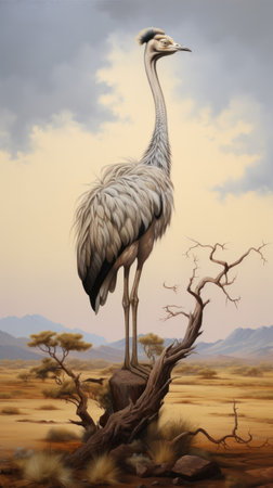 bird standing on branch in realistic and hyper-detailed rendering, reminiscent of desolate landscapes. influenced by the zaire school of popular painting, this artwork showcases a realistic and detailed rendering of a desertwave. the color palette consists of shades of gray and beige, featuring anthropomorphic animals. ai generatedの素材