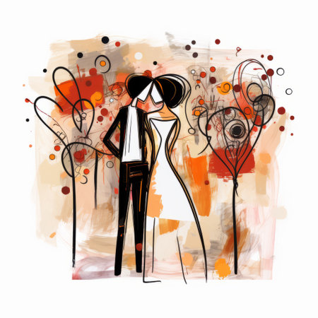 a playful and vibrant illustration of a bride and groom in a whimsical style. the artwork features abstract elements in dark white and orange hues, creating a lively and expressive color-field. with fanciful details and a touch of romantic whimsy, this drawing captures the essence of a joyous wedding celebration. ai generatedの素材