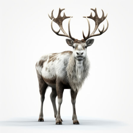 a 3d deer with large antlers is depicted in a realistic and detailed rendering, set against a white background. the deer's intricate character illustration showcases its gray and brown coloration. the style of the image is reminiscent of the works of even mehl amundsen and tyko sallinen, with a touch of cross processing. ai generatedの素材