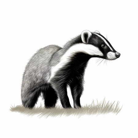 a black and white drawing of a badger walking towards the ground, showcasing a realistic usage of light and color. the style of the drawing is reminiscent of quadratura and dignified poses, influenced by magewave and young british artists (ybas). the illustration captures the essence of hyper-realistic animal illustrations, while also exuding a charming character. ai generatedの素材