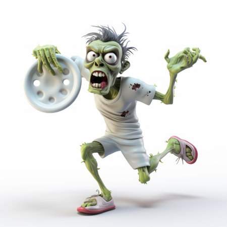 zombie character in halloween costume, portrayed in the lively movement style of zbrush, is seen holding a bowling ball. the character is depicted in white and green colors, reminiscent of xbox 360 graphics. this tabletop photograph, created by sebastian errazuriz, showcases a unique sandalpunk aesthetic. ai generatedの素材