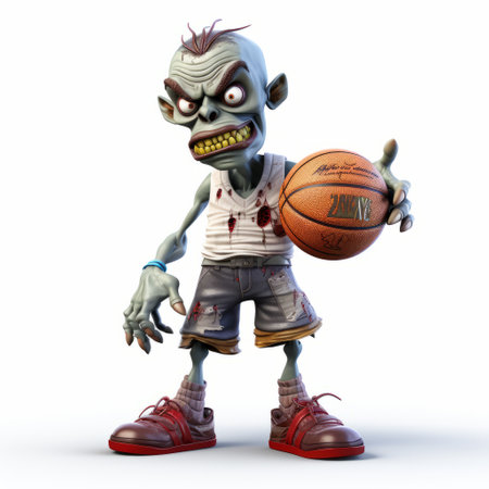 a zombie cartoon character, rendered in a photorealistic style, is depicted holding a basketball ball. the highly realistic sculpting and xbox 360 graphics bring out the character-driven nature of the image. the grotesque features of the characters are portrayed using innovative techniques. ai generatedの素材